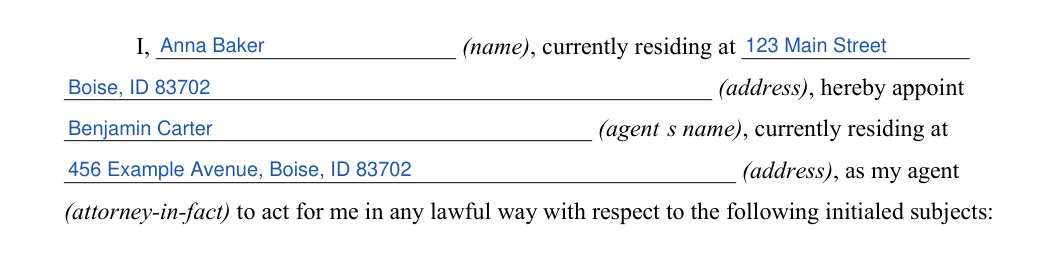 Idaho durable power of attorney: principal and agent, filled with sample entries