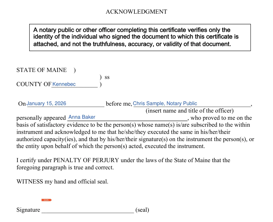 Maine durable power of attorney: notary acknowledgment, filled with sample entries