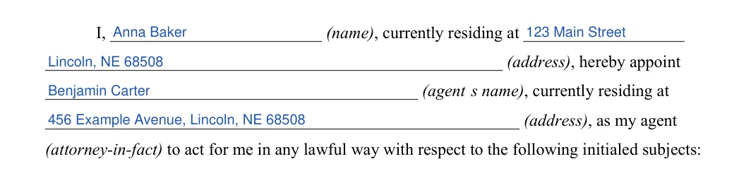 Nebraska durable power of attorney: principal and agent, filled with sample entries