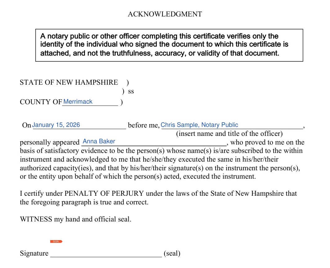 New Hampshire durable power of attorney: notary acknowledgment, filled with sample entries