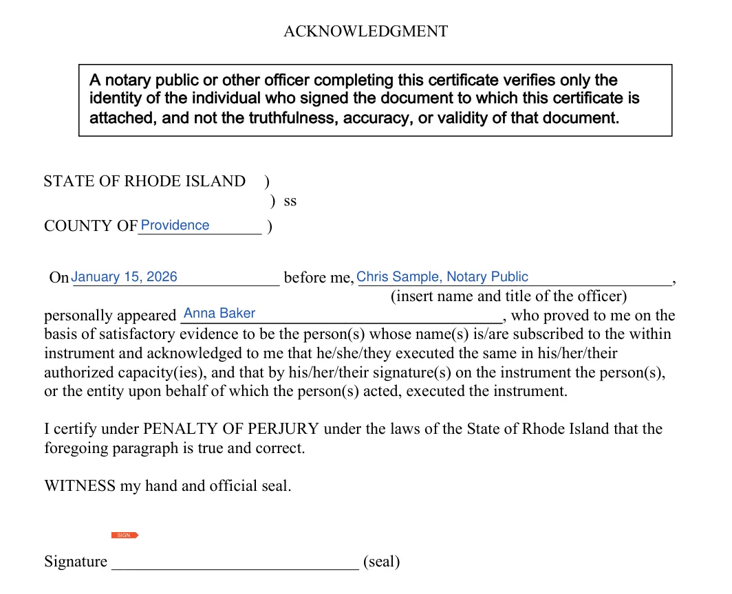 Rhode Island durable power of attorney: notary acknowledgment, filled with sample entries