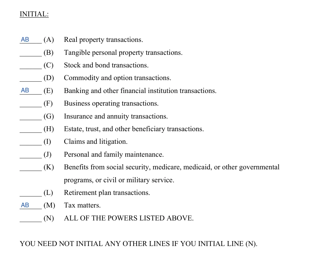 South Dakota durable power of attorney: powers to initial, filled with sample entries
