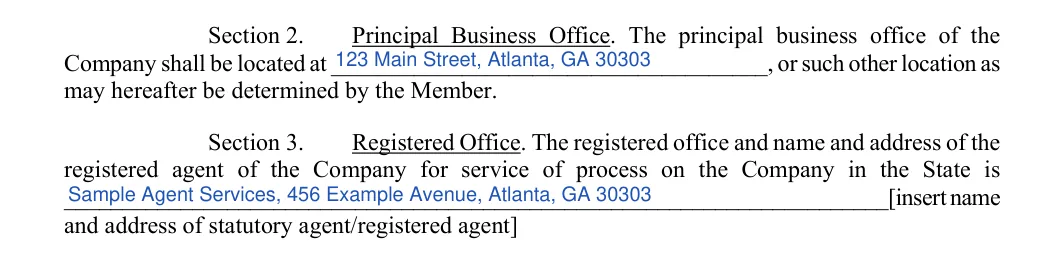 Georgia LLC operating agreement: sections 2 and 3 office and registered agent, filled with sample entries