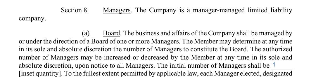 Georgia LLC operating agreement: section 8 managers, filled with sample entries
