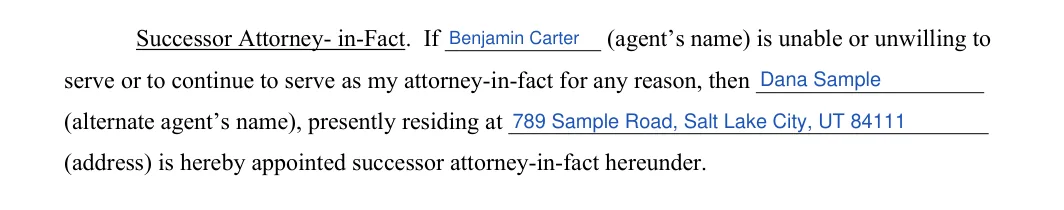 Utah durable power of attorney: successor agent, filled with sample entries