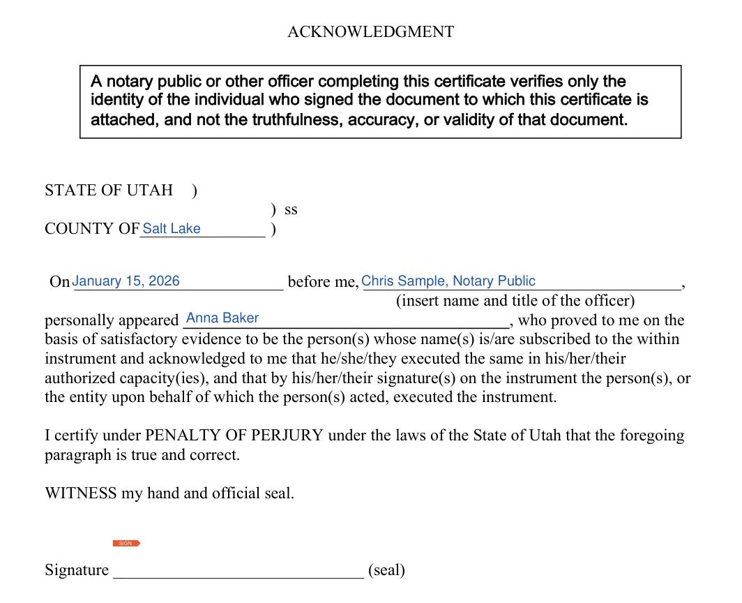 Utah durable power of attorney: notary acknowledgment, filled with sample entries