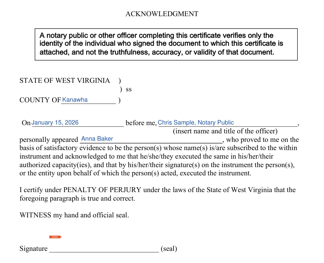 West Virginia durable power of attorney: notary acknowledgment, filled with sample entries