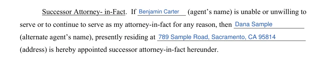 California durable power of attorney: successor agent, filled with sample entries