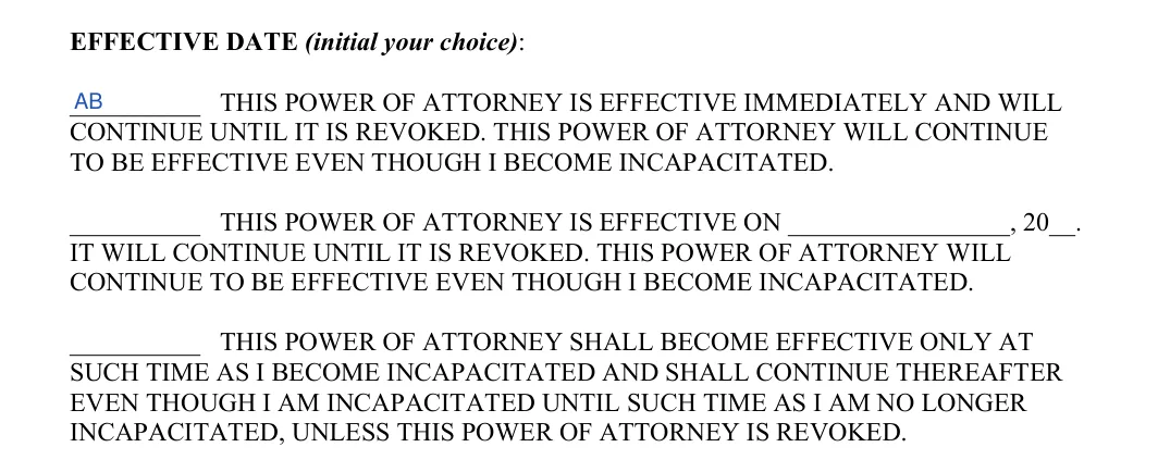 Illinois durable power of attorney: effective date, filled with sample entries