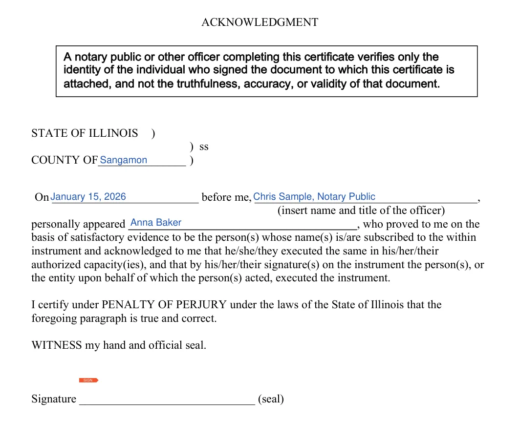 Illinois durable power of attorney: notary acknowledgment, filled with sample entries