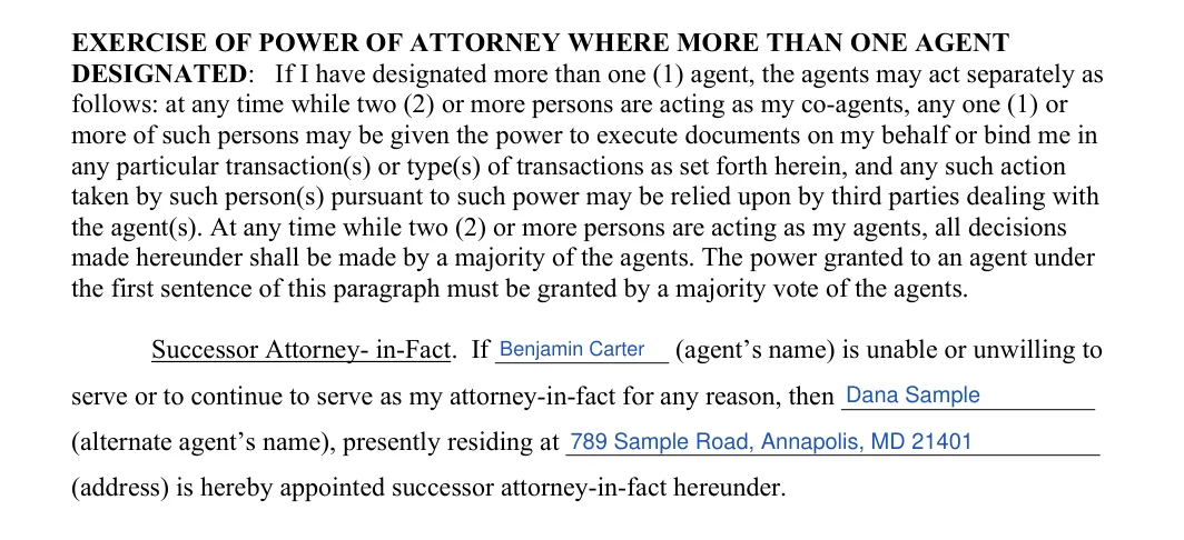 Maryland durable power of attorney: co-agents and successor agent, filled with sample entries