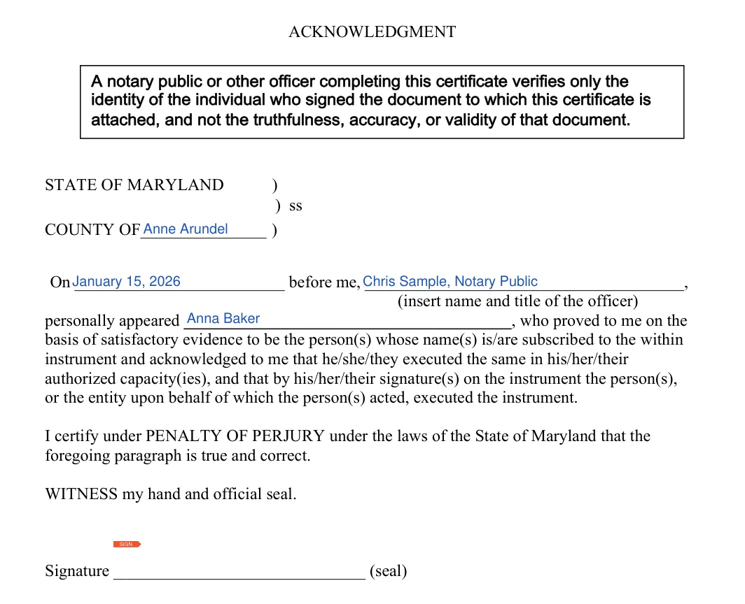 Maryland durable power of attorney: notary acknowledgment, filled with sample entries