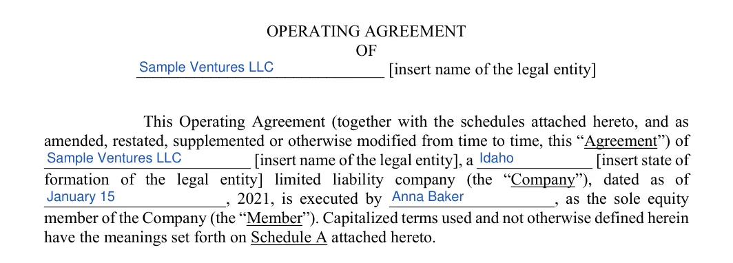 Idaho LLC operating agreement: title and opening paragraph, filled with sample entries