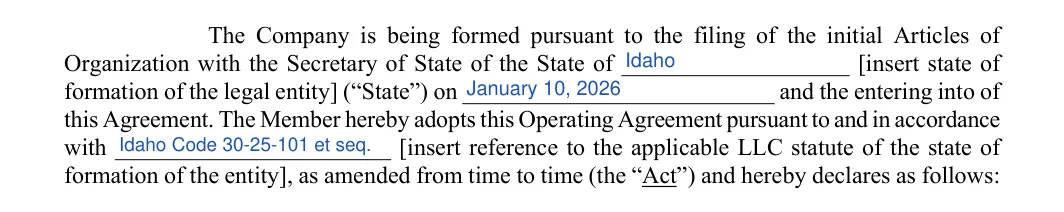 Idaho LLC operating agreement: formation paragraph, filled with sample entries