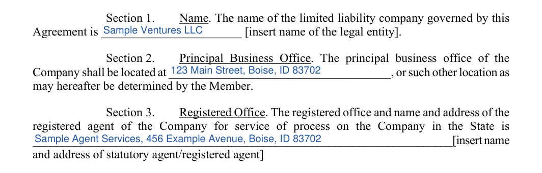 Idaho LLC operating agreement: sections 1 to 3 name office and registered agent, filled with sample entries