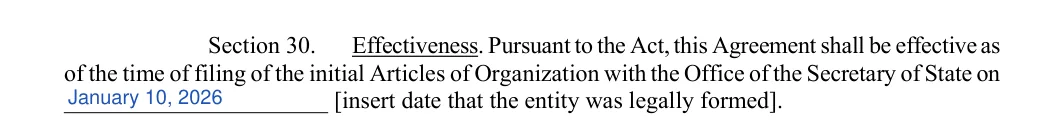 Idaho LLC operating agreement: section 30 effectiveness, filled with sample entries