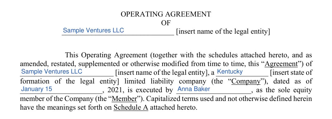 Kentucky LLC operating agreement: title and opening paragraph, filled with sample entries