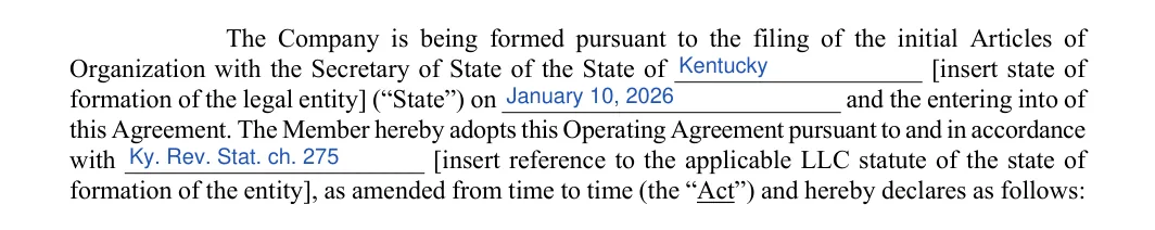 Kentucky LLC operating agreement: formation paragraph, filled with sample entries
