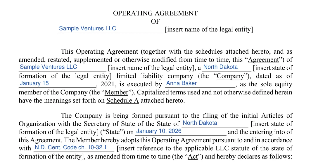 North Dakota LLC operating agreement: preamble, filled with sample entries