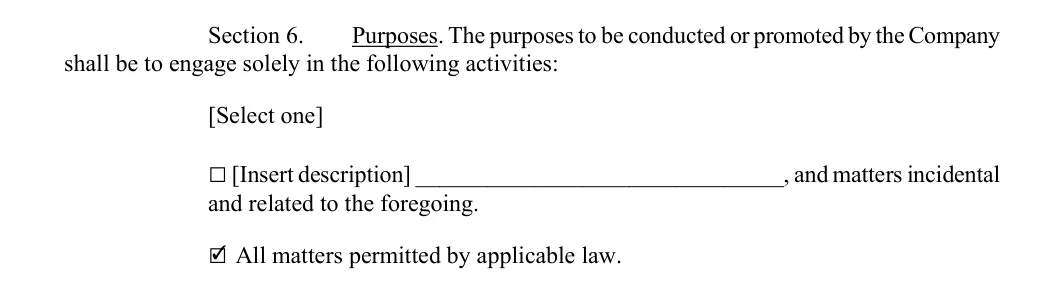 North Dakota LLC operating agreement: section 6 purposes, filled with sample entries