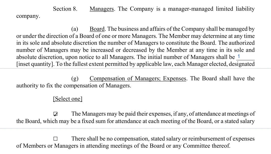 North Dakota LLC operating agreement: section 8 managers and compensation, filled with sample entries