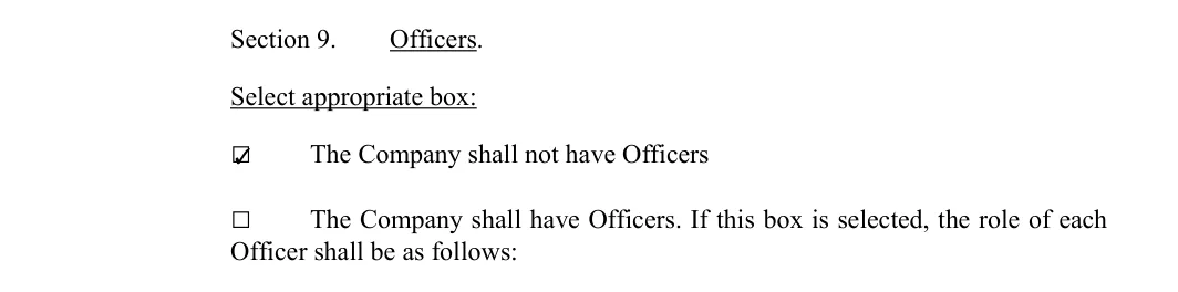 North Dakota LLC operating agreement: section 9 officers, filled with sample entries
