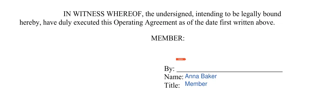 North Dakota LLC operating agreement: signature block, filled with sample entries