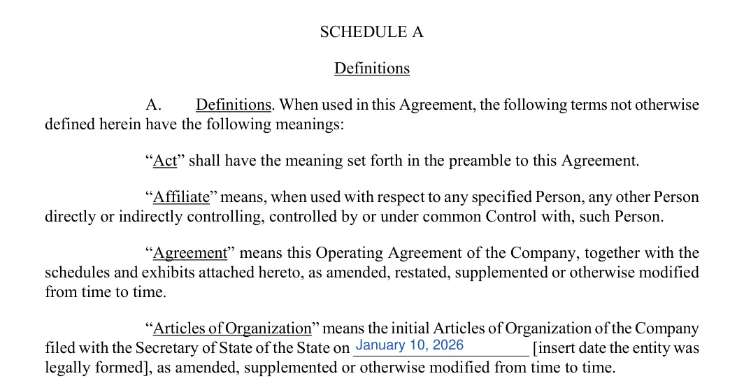North Dakota LLC operating agreement: schedule a definitions, filled with sample entries