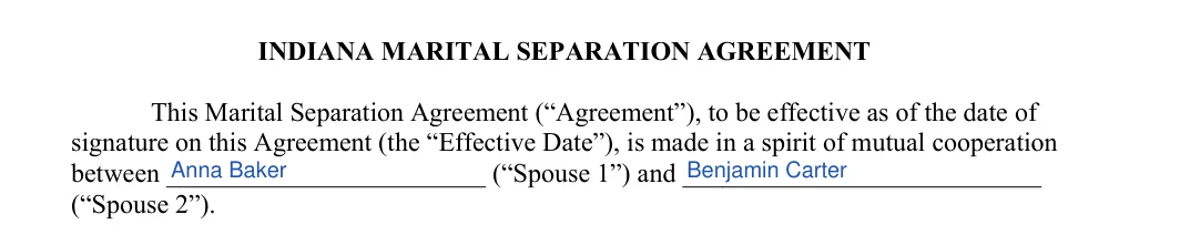 Indiana divorce settlement agreement: spouses, filled with sample entries