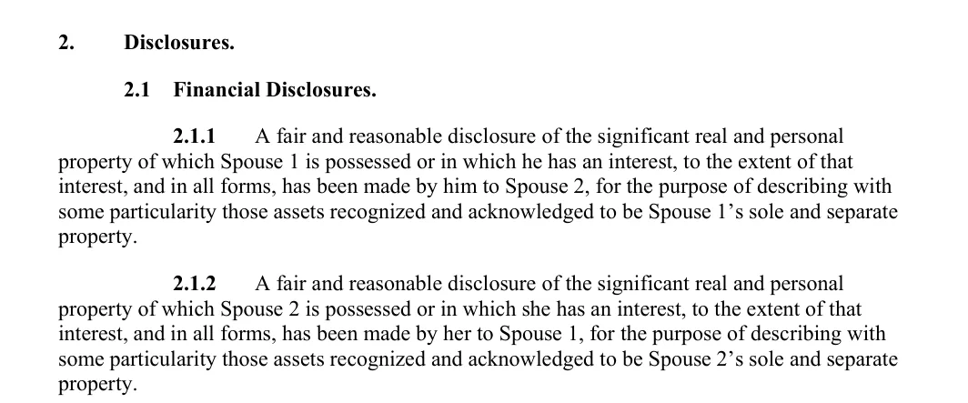 Indiana divorce settlement agreement: section 2 disclosures