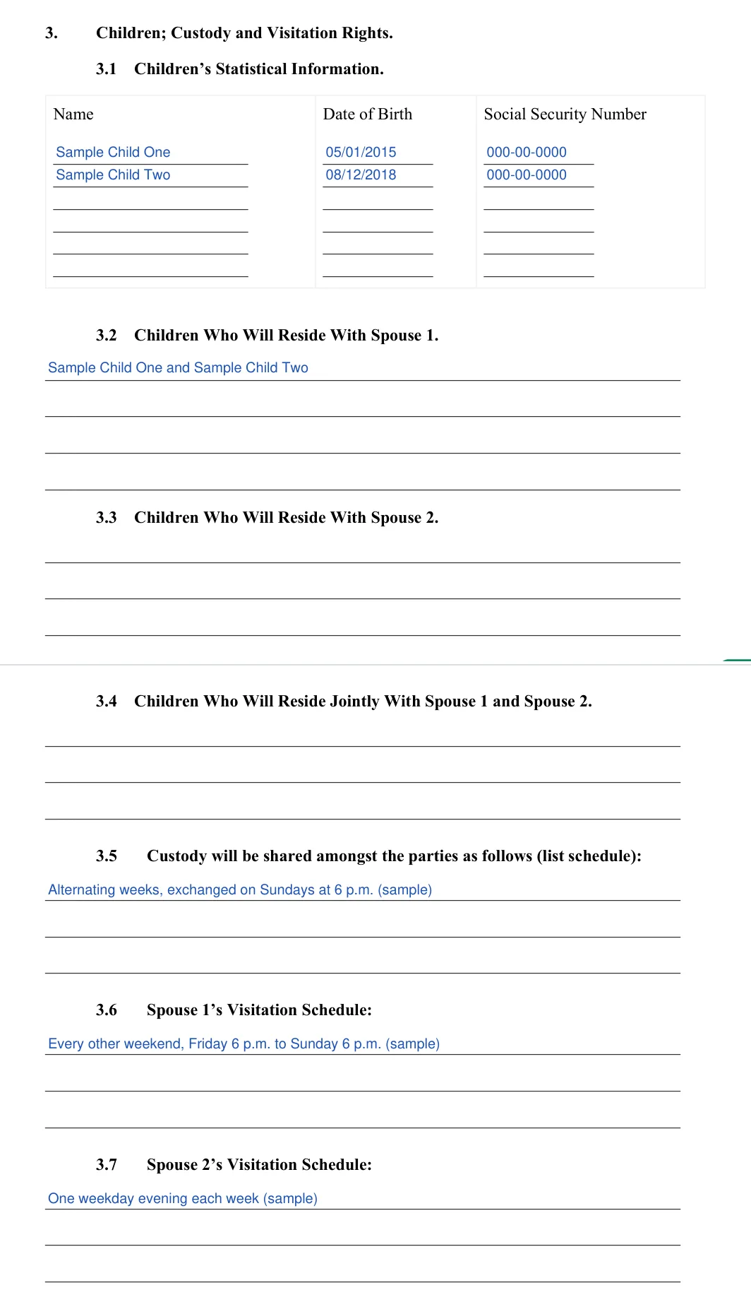 Indiana divorce settlement agreement: section 3 children custody and visitation, filled with sample entries