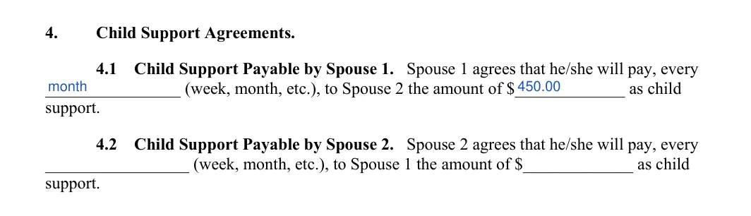 Indiana divorce settlement agreement: section 4 child support, filled with sample entries