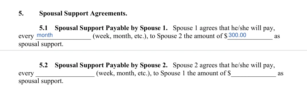 Indiana divorce settlement agreement: section 5 spousal support, filled with sample entries