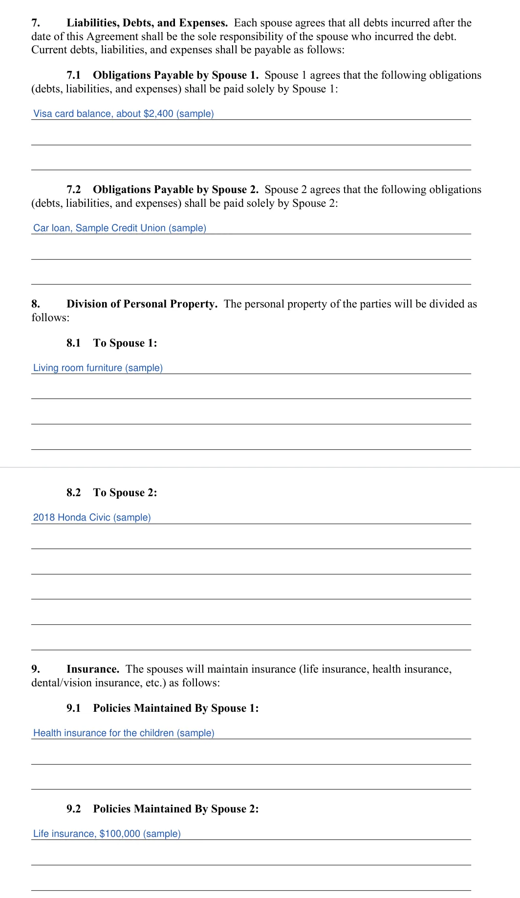Indiana divorce settlement agreement: sections 7 to 9 debts property and insurance, filled with sample entries