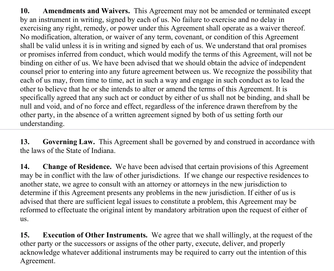Indiana divorce settlement agreement: sections 10 to 18 closing clauses
