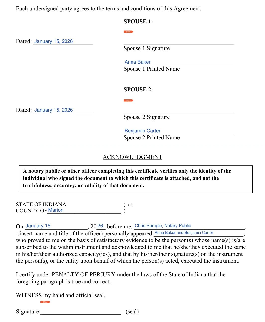 Indiana divorce settlement agreement: signatures and notary acknowledgment, filled with sample entries