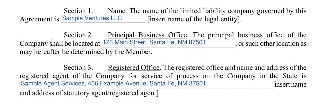 New Mexico LLC operating agreement: sections 1 to 3 name office and registered agent, filled with sample entries