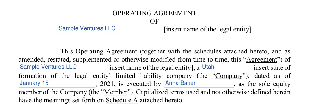 Utah LLC operating agreement: title and opening paragraph, filled with sample entries