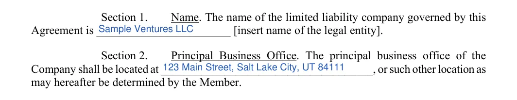 Utah LLC operating agreement: sections 1 and 2 name and office, filled with sample entries