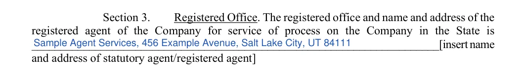 Utah LLC operating agreement: section 3 registered office, filled with sample entries