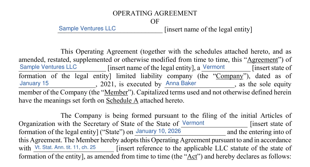 Vermont LLC operating agreement: preamble, filled with sample entries