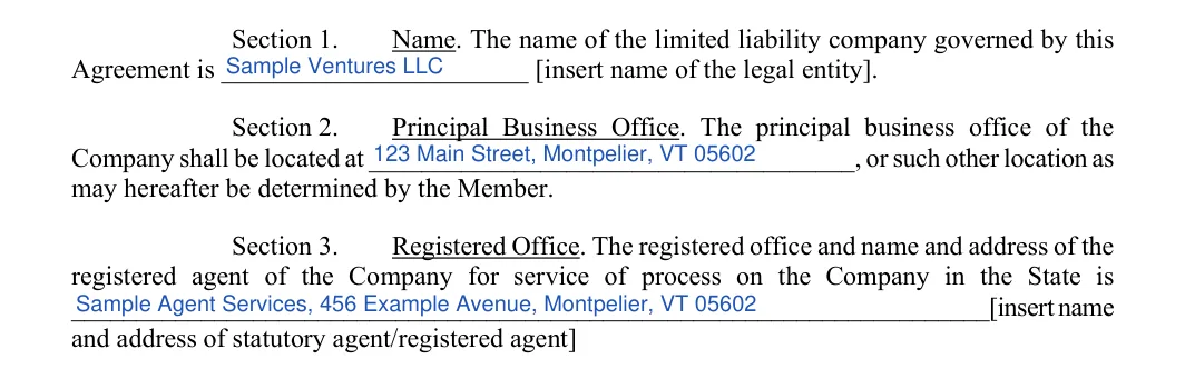 Vermont LLC operating agreement: sections 1 to 3 name office and registered agent, filled with sample entries