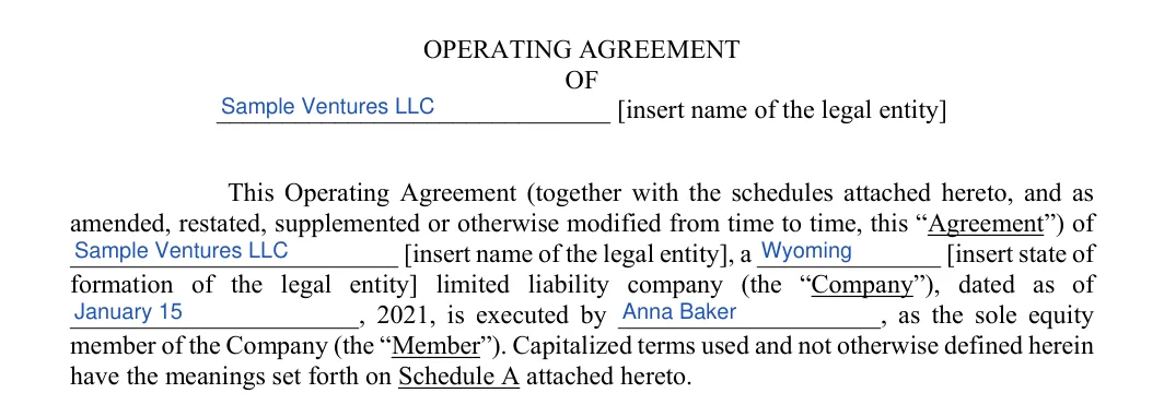 Wyoming LLC operating agreement: title and opening paragraph, filled with sample entries