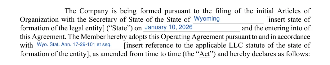 Wyoming LLC operating agreement: formation paragraph, filled with sample entries