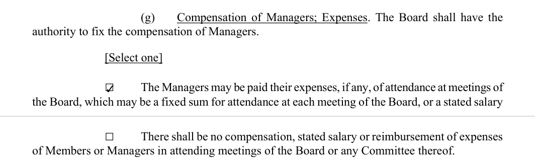 Wyoming LLC operating agreement: section 8g compensation of managers, filled with sample entries