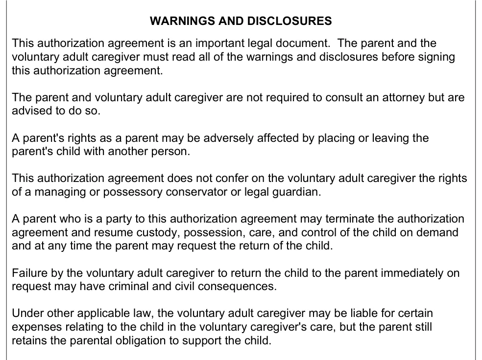 Texas Authorization Agreement for Voluntary Adult Caregiver (DFPS Form 2638): warnings and disclosures