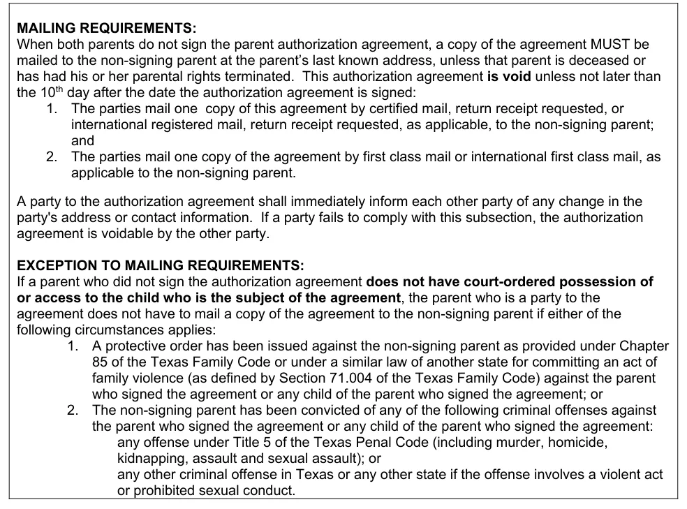 Texas Authorization Agreement for Voluntary Adult Caregiver (DFPS Form 2638): mailing requirements