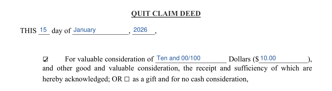 Massachusetts quitclaim deed: date and consideration, filled with sample entries