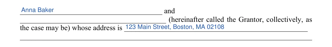 Massachusetts quitclaim deed: grantor, filled with sample entries
