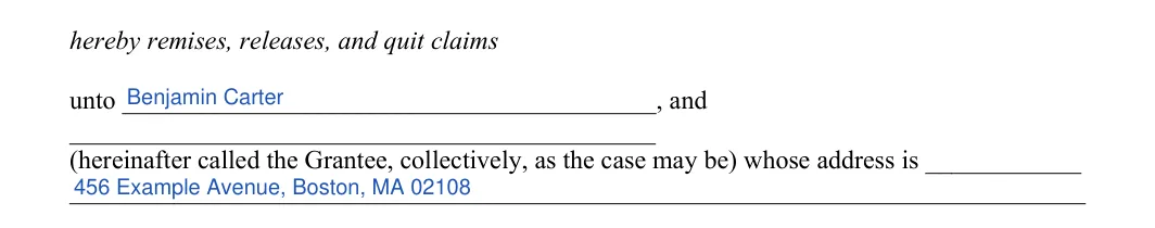 Massachusetts quitclaim deed: grantee, filled with sample entries